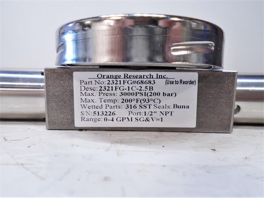 Orange Research 0-4 GPM In-Line Flow Meter, 1/2" NPT, Stainless, 2321FG-1C-2.5B